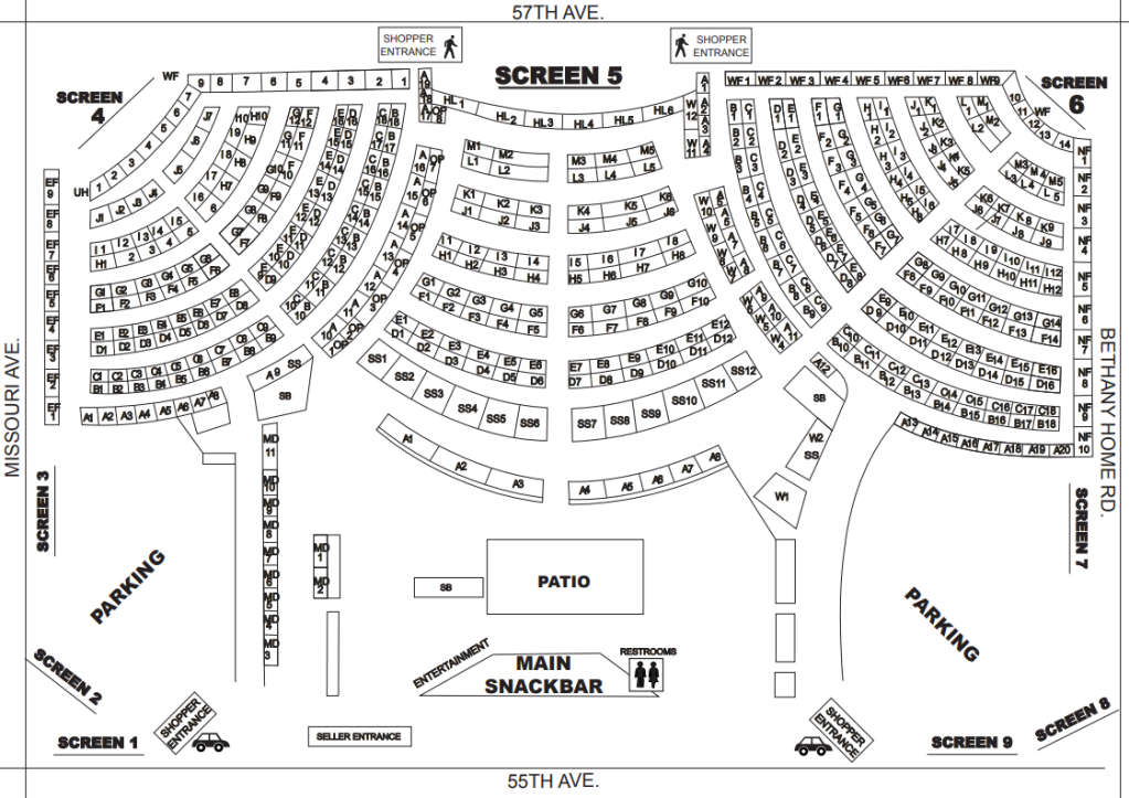 Glendale Swap Meet map showing vendor stalls and layout for visitors.