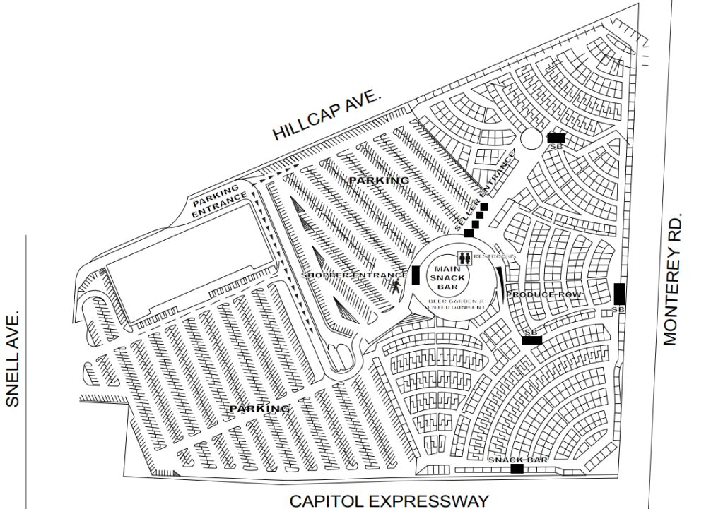 San Jose Capitol Flea Market map showing vendor stalls and layout for visitors.