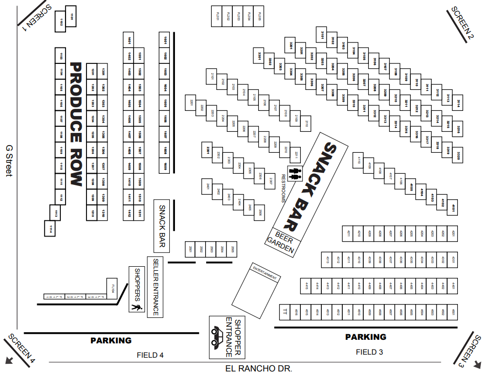 El Rancho Swap Meet map showing vendor stalls and layout for visitors.